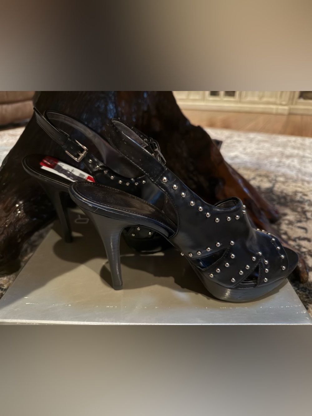 Marc Fisher Black Studded Platform Slingback Heels - Picture 2 of 10